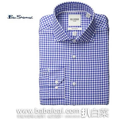 Ben Sherman 宾舍曼 男款 修身纯棉蓝色格子衬衫 (原价$98.5，现售价$23.75) ，会员7折后实付$17.1
