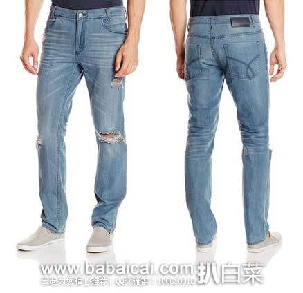 Calvin Klein Jeans 男士 Slate Blue 纯棉修身 直筒破洞牛仔裤 原价$98，现仅售$29.55