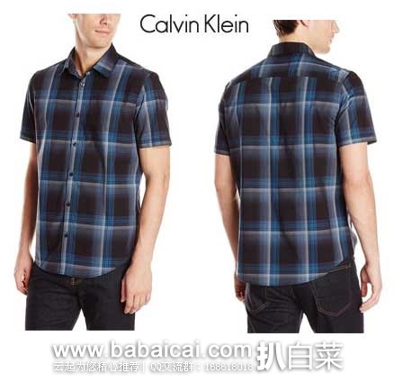 Calvin Klein 男子 纯棉格子花纹 短袖衬衫  原价$69.5，现售价$24.99，历史新低