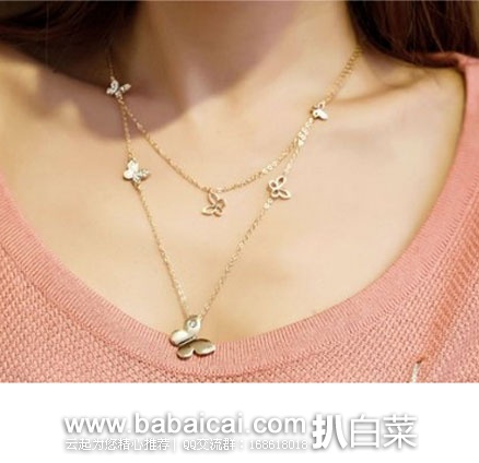 Yellow Gold Plated Double Strands Butterfly Necklace 女款 14K 蝴蝶项链  现价$22.99