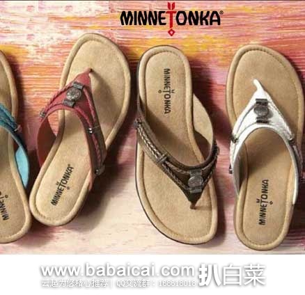 6PM：Minnetonka 迷你唐卡 女款 印第安银饰夹脚真皮凉拖 原价$49.95，现4折售价$19.99