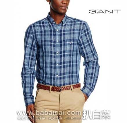 英国亚马逊：GANT 男士  Indigo Linen Check Long Sleeve Casual Shirt 亚麻长袖衬衫（原价£95，现售价降至£42.75），直邮退税后实付£35.63