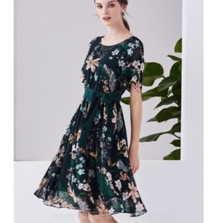 天猫商城:2018夏季新款 D.F.DEAR 德菲蒂奥印花雪纺圆领松紧腰修身连衣裙 特价¥389,领券减¥100实付¥289包邮