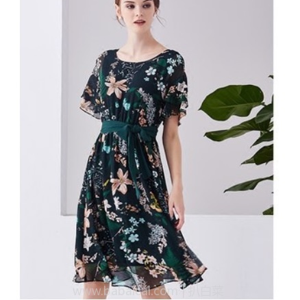 天猫商城:2018夏季新款 D.F.DEAR 德菲蒂奥印花雪纺圆领松紧腰修身连衣裙 特价¥389,领券减¥100实付¥289包邮