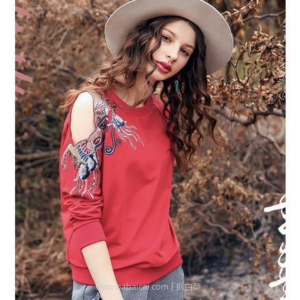 天猫商城:2018秋季新款,裂帛 女士纯棉长袖宽松圆领露肩刺绣上衣 2色 特价¥99.8,领券减¥30,实付新低¥69.8包邮