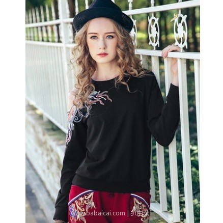 天猫商城:2018秋季新款,裂帛 女士纯棉长袖宽松圆领露肩刺绣上衣 2色 特价¥99.8,领券减¥30,实付新低¥69.8包邮