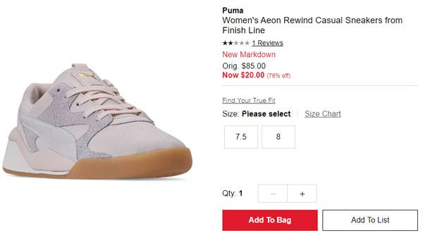 Macys梅西百货:PUMA 彪马 AEON REWIND 女子复古休闲鞋 降至23折,到手约¥235